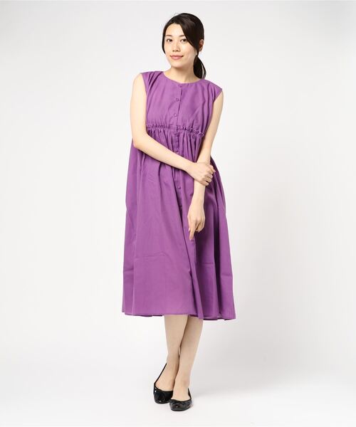 STYLEBLOCK（スタイルブロック）の「ローンギャザー前ボタンミモレ丈フレアワンピース（ワンピース・レディース・ブラック/パープル/ベージュ/アイボリー・M）」の4枚目の写真