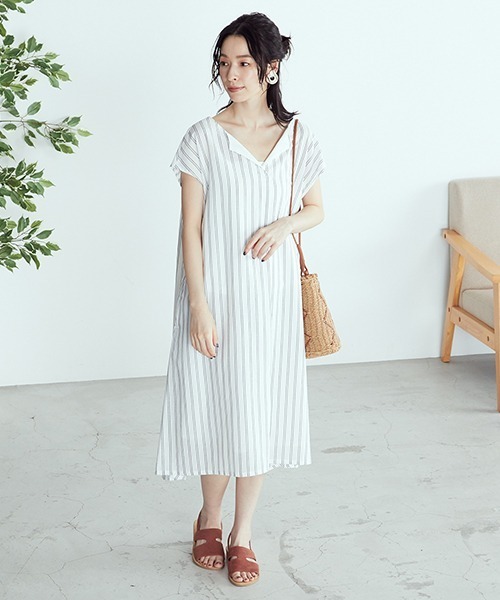 セール コットンリネン ストライプ キーネック フレンチスリーブ ワンピース アッパッパ ワンピース Onigiri オニギリ のファッション通販 Zozotown