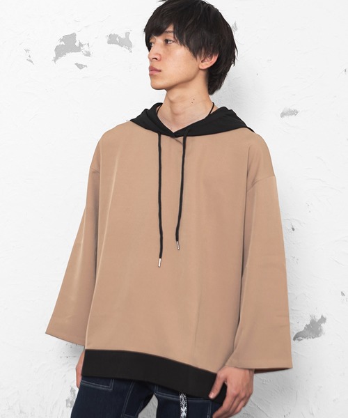 MinoriTY（マイノリティ）の「【MinoriTY】ビッグスリーブバイカラープルオーバー パーカー メンズ フーディー（パーカー・メンズ・ベージュ/レッド/ブルー/スカイブルー/ワイン/グレー・M/L/S）」の2枚目の写真