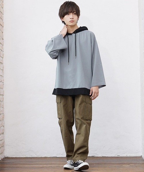 MinoriTY（マイノリティ）の「【MinoriTY】ビッグスリーブバイカラープルオーバー パーカー メンズ フーディー（パーカー・メンズ・ベージュ/レッド/ブルー/スカイブルー/ワイン/グレー・M/L/S）」の10枚目の写真