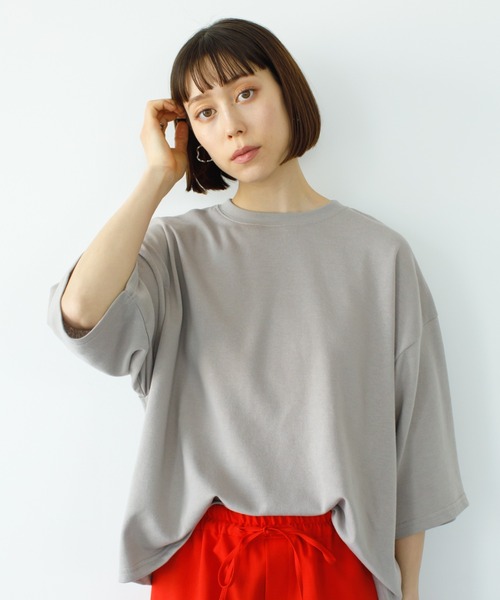 koe（コエ）の「ガーゼ裏毛クルーネック5分袖PO*（Tシャツ/カットソー・レディース・パープル/チャコールグレー/ブルー/グレイッシュベージュ・L/M）」の3枚目の写真