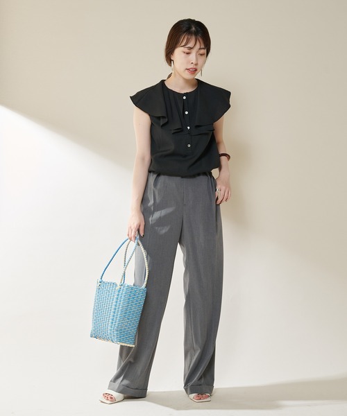 ブラウス シャツ フリルカラーノースリーブシャツ レディース Fit more ブラウス シャツ ビッグフリルカラーノースリーブ