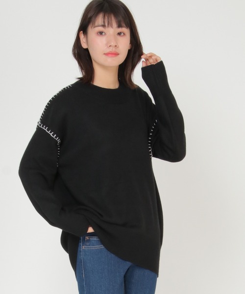 ikka(イッカ)の「モチモチ配色ステッチニットプルオーバー(ニット/セーター・レディース・ブラック/ベージュ/オフホワイト/エメラルド・M/L)」の2枚目の写真