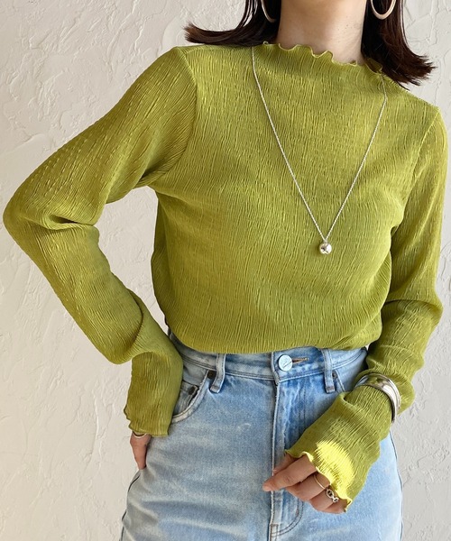 She's Closet（シーズクローゼット）の「メロウフリルランダム長袖プリーツプチハイネックシアートップス（Tシャツ/カットソー・レディース・アイボリー/オリーブ/モカ/ブラック/パープル/ライトグリーン/チャコール・FREE）」の6枚目の写真