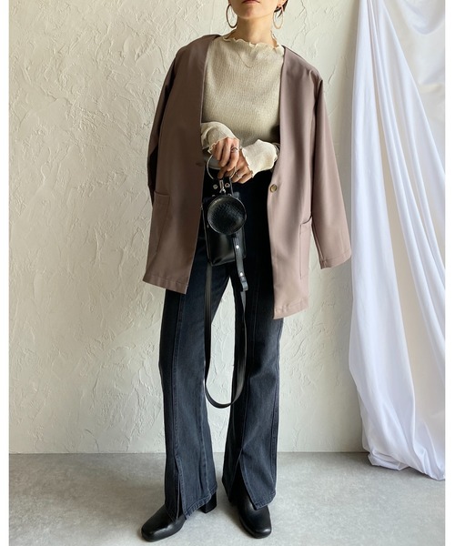 She's Closet（シーズクローゼット）の「メロウフリルランダム長袖プリーツプチハイネックシアートップス（Tシャツ/カットソー・レディース・アイボリー/オリーブ/モカ/ブラック/パープル/ライトグリーン/チャコール・FREE）」の8枚目の写真