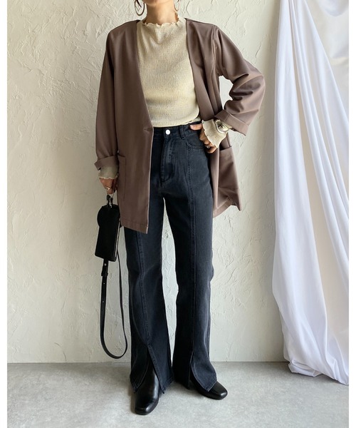 She's Closet（シーズクローゼット）の「メロウフリルランダム長袖プリーツプチハイネックシアートップス（Tシャツ/カットソー・レディース・アイボリー/オリーブ/モカ/ブラック/パープル/ライトグリーン/チャコール・FREE）」の9枚目の写真