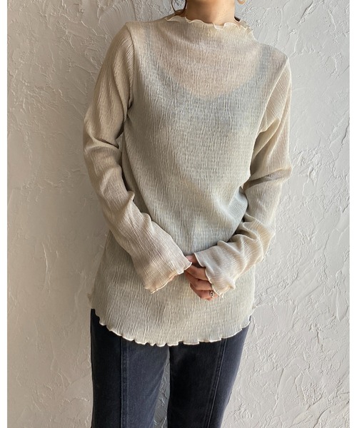 She's Closet（シーズクローゼット）の「メロウフリルランダム長袖プリーツプチハイネックシアートップス（Tシャツ/カットソー・レディース・アイボリー/オリーブ/モカ/ブラック/パープル/ライトグリーン/チャコール・FREE）」の11枚目の写真