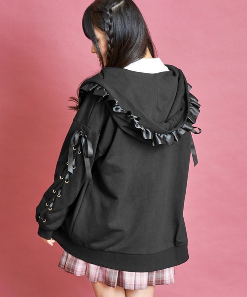 Secret Honey フリルフードレースアップパーカー ブラック 黒 上着 シークレットハニー Secret Honey フリルフードレースアップ