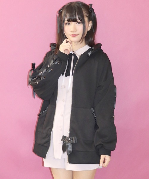 Secret Honey フリルフードレースアップパーカー ブラック 黒 上着 シークレットハニー Secret Honey フリルフードレースアップ
