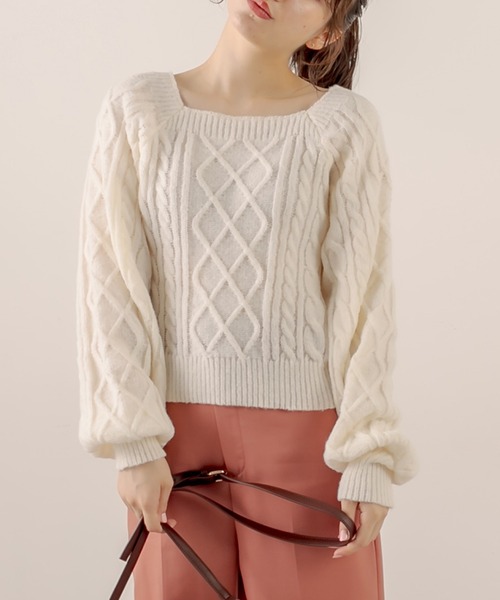 OLIVE des OLIVE（オリーブデオリーブ）の「スクエアネックケーブルニット（ニット/セーター・レディース・ライトブラウン/ミント/ラベンダー/オフホワイト・FREE）」の8枚目の写真