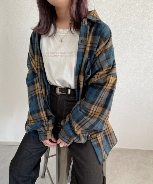 nemne store（ネンネストア）の「コスモスが揺れるアソートキモウチェックシャツ（シャツ/ブラウス・レディース・ブラウン/ネイビー/ベージュ・F）」の12枚目の写真