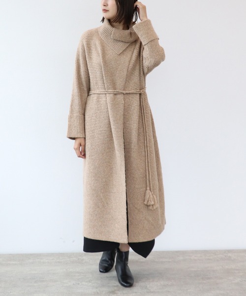 片畔ハイネックフリンジベルト付ロングカーディガン