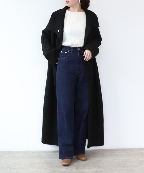 片畔ハイネックフリンジベルト付ロングカーディガン