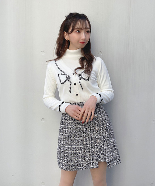 titty＆Co. PETIT（ティティアンドコープティ）の「【titty&Co.PETIT】リボン柄ニットカーデトップス（カーディガン/ボレロ・レディース・ブラック/ホワイト・FREE）」の7枚目の写真