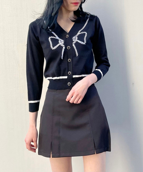 titty＆Co. PETIT（ティティアンドコープティ）の「【titty&Co.PETIT】リボン柄ニットカーデトップス（カーディガン/ボレロ・レディース・ブラック/ホワイト・FREE）」の8枚目の写真