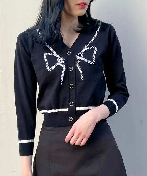 titty＆Co. PETIT（ティティアンドコープティ）の「【titty&Co.PETIT】リボン柄ニットカーデトップス（カーディガン/ボレロ・レディース・ブラック/ホワイト・FREE）」の9枚目の写真