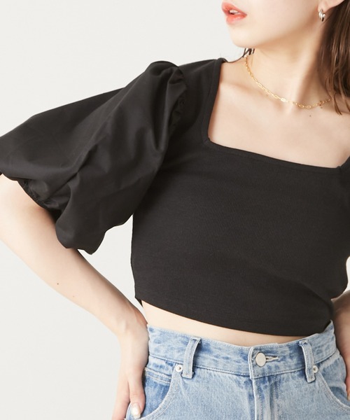 Chico（チコ）の「パフスリーブショート丈スクエアT（Tシャツ/カットソー・レディース・ホワイト/ピンク/ブラック/グリーン・FREE）」の2枚目の写真