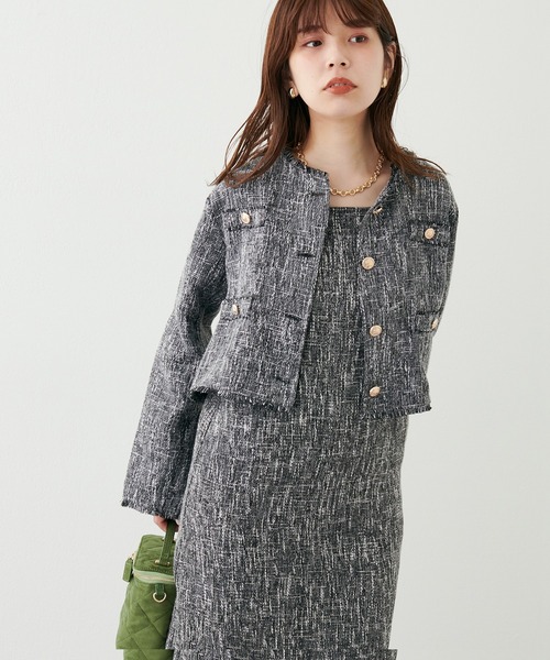 natural couture（ナチュラルクチュール）の「WEB限定カラーあり/セットアップ着用可/2022AWアイテム/アソート釦ツイードジャケット（ノーカラージャケット・レディース・ブラウン/ライトベージュ/ブラック/ブラック系・FREE）」の11枚目の写真