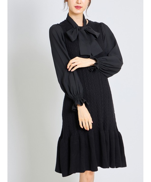 tocco closet(トッコ クローゼット)の「取り外し可能なボウタイリボン付きケーブル編み切り替えニットワンピース(ワンピース・レディース・ブラック/ボルドー/ピンクベージュ・M)」の5枚目の写真