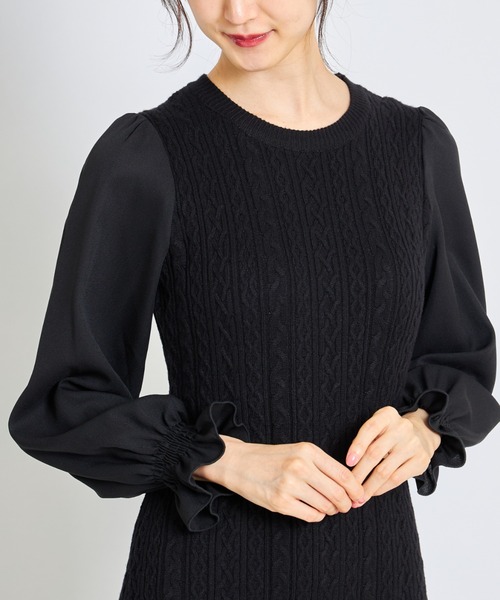 tocco closet(トッコ クローゼット)の「取り外し可能なボウタイリボン付きケーブル編み切り替えニットワンピース(ワンピース・レディース・ブラック/ボルドー/ピンクベージュ・M)」の13枚目の写真