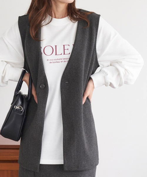 Chaco closet(チャコ クローゼット)の「メルトンVネックワンボタンベスト/ジレ(ベスト・レディース・オートミール/ブラック・FREE)」の6枚目の写真