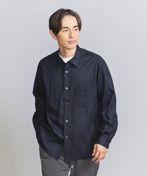 美品ユナイテッドアローズ　長袖シャツ　ウール100%　ネイビー　F　ポケット 美品ユナイテッドアローズ 長袖シャツ ウール100% ネイビー F ポケット