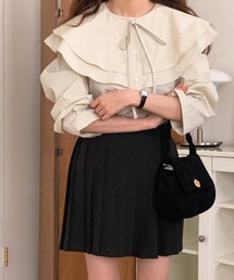 韓国ファッション ラッフルフリルビッグカラーブラウス