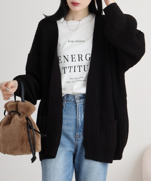 atONE(アットワン)の「atONE ビッグシルエットボリュームスリーブカーディガン(カーディガン/ボレロ・レディース・ブラック/モカ・M-L/4L~5L/LL~3L)」の2枚目の写真