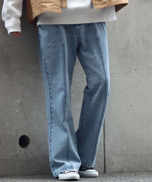 SITRY（シトリー）の「pin tuck denim flared pants/ピンタック デニム ワイド フレアパンツ（デニムパンツ・メンズ・ケミカルウォッシュ/インディゴブルー/ワンウォッシュ/グレー/ブラック・M/L/XL）」の5枚目の写真