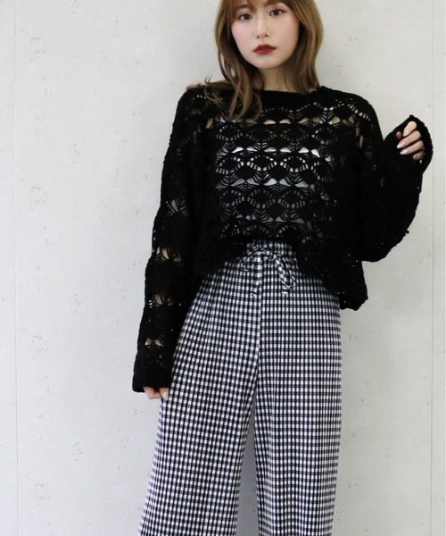 Per sist ence（パーシエンス）の「Per sist ence/パーシエンス　デザイン透かしレース編み２WAYカーディガン（カーディガン/ボレロ・レディース・ブラック/パープル/アイボリー・FREE）」の10枚目の写真