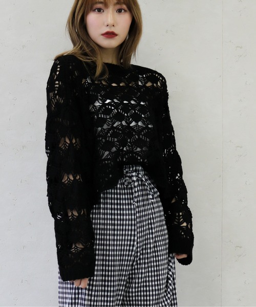 Per sist ence（パーシエンス）の「Per sist ence/パーシエンス　デザイン透かしレース編み２WAYカーディガン（カーディガン/ボレロ・レディース・ブラック/パープル/アイボリー・FREE）」の8枚目の写真
