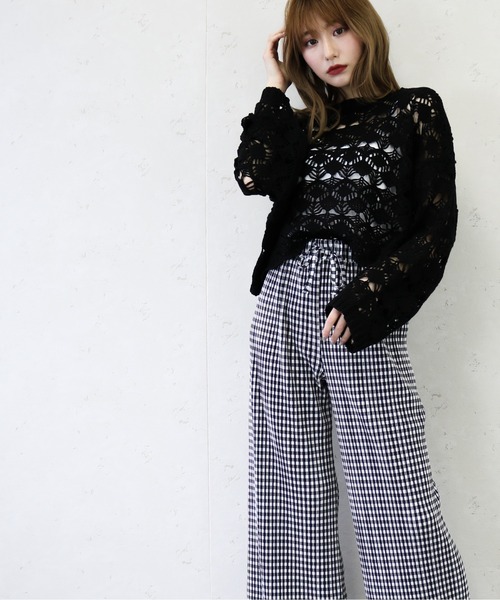 Per sist ence（パーシエンス）の「Per sist ence/パーシエンス　デザイン透かしレース編み２WAYカーディガン（カーディガン/ボレロ・レディース・ブラック/パープル/アイボリー・FREE）」の6枚目の写真