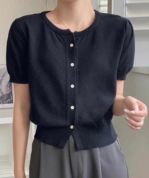 Chaco closet(チャコ クローゼット)の「パフスリーブコンパクトニットカーディガン(カーディガン/ボレロ・レディース・ホワイト/ピンク/ライトグリーン/アイボリー/ブラック・FREE)」の1枚目の写真