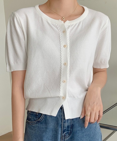 Chaco closet(チャコ クローゼット)の「パフスリーブコンパクトニットカーディガン(カーディガン/ボレロ・レディース・ホワイト/ピンク/ライトグリーン/アイボリー/ブラック・FREE)」の11枚目の写真