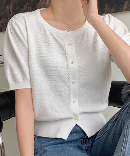 Chaco closet(チャコ クローゼット)の「パフスリーブコンパクトニットカーディガン(カーディガン/ボレロ・レディース・ホワイト/ピンク/ライトグリーン/アイボリー/ブラック・FREE)」の7枚目の写真