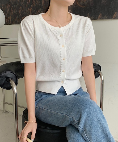 Chaco closet(チャコ クローゼット)の「パフスリーブコンパクトニットカーディガン(カーディガン/ボレロ・レディース・ホワイト/ピンク/ライトグリーン/アイボリー/ブラック・FREE)」の14枚目の写真