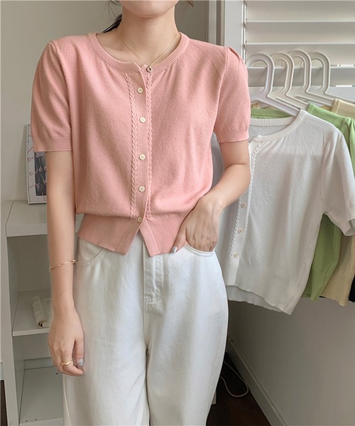 Chaco closet(チャコ クローゼット)の「パフスリーブコンパクトニットカーディガン(カーディガン/ボレロ・レディース・ホワイト/ピンク/ライトグリーン/アイボリー/ブラック・FREE)」の12枚目の写真