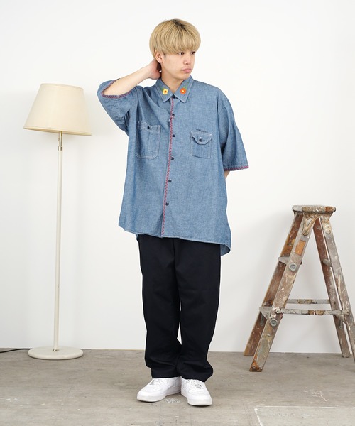 ブラウス シャツ CAL O LINE/キャルオーライン KENDAI CHAMBRAY S/S SHIRT シャツ 刺繍 レディース CAL O LINE/キャルオーライン KENDAI CHAMBRAY S/S SHIRT シャツ