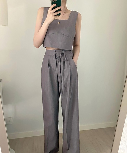 ノースリーブ トップス センターラインパンツ セットアップ 2色 セール】ノースリーブ トップス ロングパンツ セットアップ