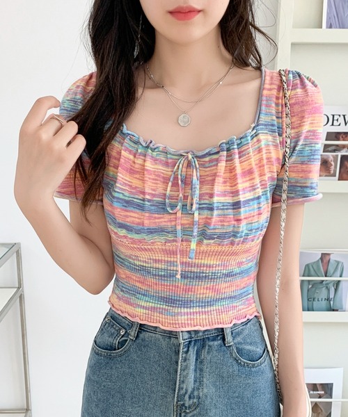 Sibra(シブラ)の「配色ショート丈 タイリボンギャザートップス(Tシャツ/カットソー・レディース・ブルー/ピンク/グレー・M)」の3枚目の写真
