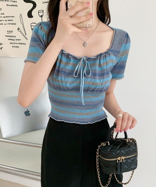 Sibra(シブラ)の「配色ショート丈 タイリボンギャザートップス(Tシャツ/カットソー・レディース・ブルー/ピンク/グレー・M)」の8枚目の写真