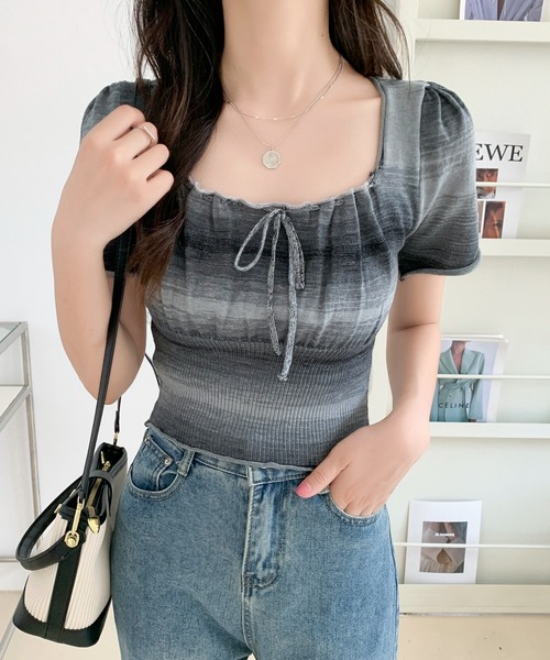 Sibra(シブラ)の「配色ショート丈 タイリボンギャザートップス(Tシャツ/カットソー・レディース・ブルー/ピンク/グレー・M)」の22枚目の写真