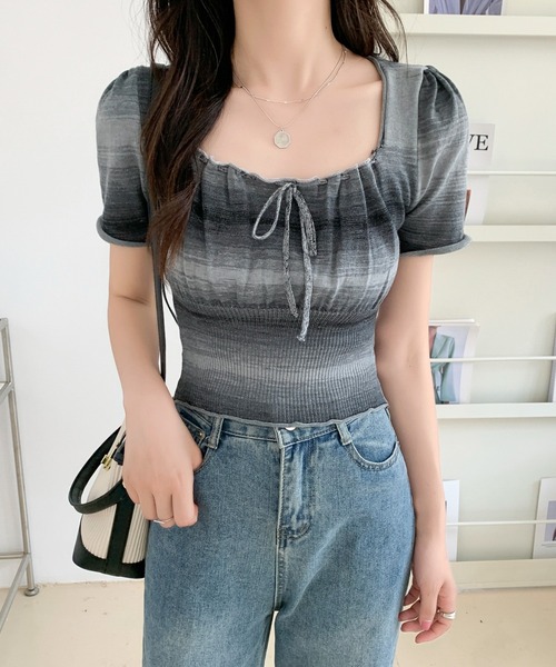 Sibra(シブラ)の「配色ショート丈 タイリボンギャザートップス(Tシャツ/カットソー・レディース・ブルー/ピンク/グレー・M)」の19枚目の写真