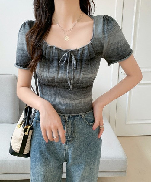 Sibra(シブラ)の「配色ショート丈 タイリボンギャザートップス(Tシャツ/カットソー・レディース・ブルー/ピンク/グレー・M)」の5枚目の写真