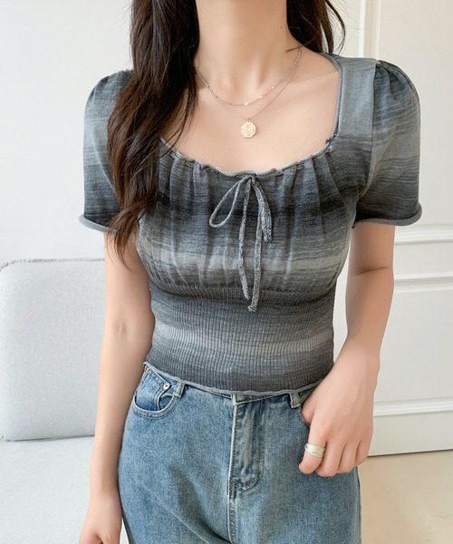 Sibra(シブラ)の「配色ショート丈 タイリボンギャザートップス(Tシャツ/カットソー・レディース・ブルー/ピンク/グレー・M)」の9枚目の写真