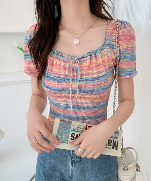 Sibra(シブラ)の「配色ショート丈 タイリボンギャザートップス(Tシャツ/カットソー・レディース・ブルー/ピンク/グレー・M)」の13枚目の写真
