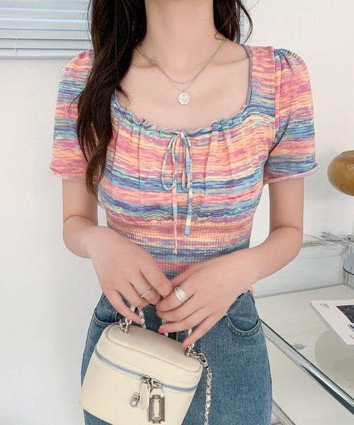 Sibra(シブラ)の「配色ショート丈 タイリボンギャザートップス(Tシャツ/カットソー・レディース・ブルー/ピンク/グレー・M)」の6枚目の写真