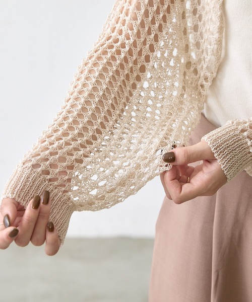 Shelly island（シェリーアイランド）の「メッシュショートカーディガン（ニット/セーター・レディース・ブラック/オフホワイト・FREE）」の6枚目の写真