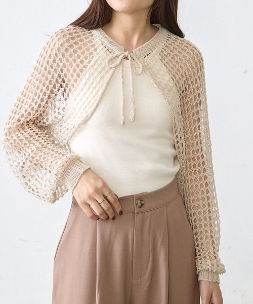 Shelly island（シェリーアイランド）の「メッシュショートカーディガン（ニット/セーター・レディース・ブラック/オフホワイト・FREE）」の21枚目の写真