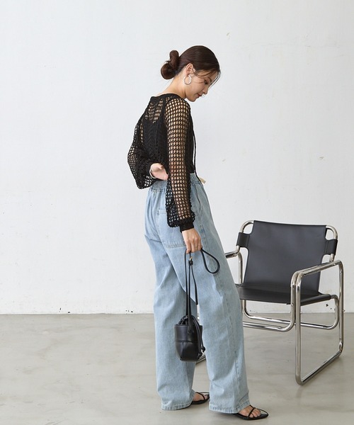 Shelly island（シェリーアイランド）の「メッシュショートカーディガン（ニット/セーター・レディース・ブラック/オフホワイト・FREE）」の14枚目の写真